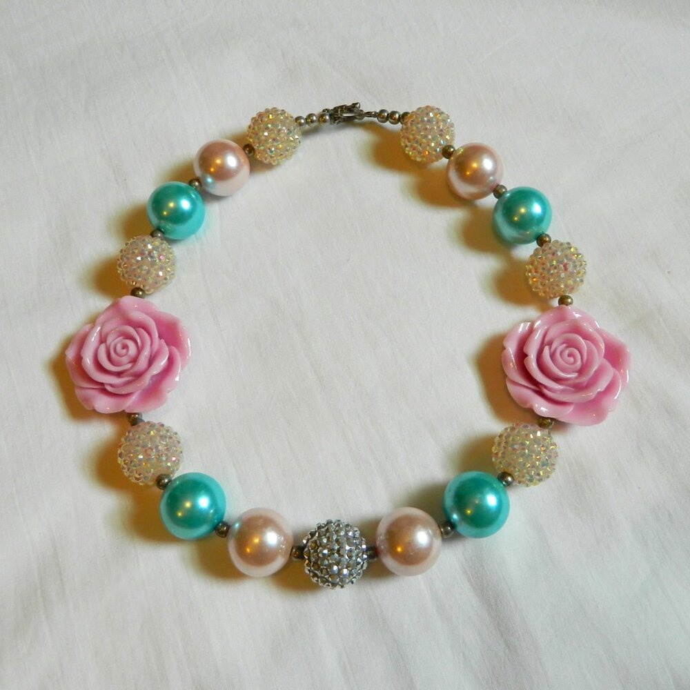 Girls Kids Chunky Bubble Gum Necklace Pink Flowers